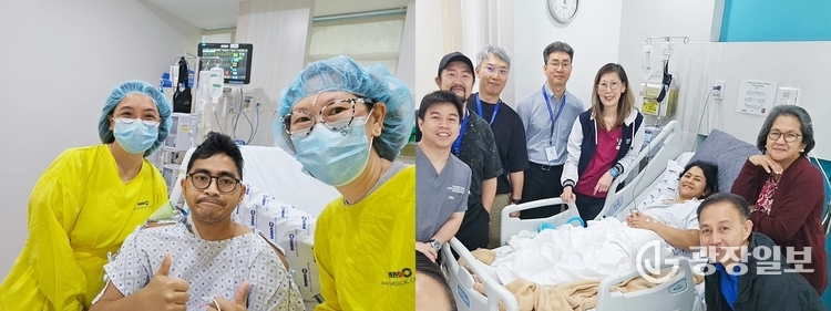  한국 의료진에게 생명을 선물 받은 프란츠 아렌 바바오 레예즈 씨가 ‘한국 의료 최고’라 외치며 두 손 모두 엄지를 치켜세운 사진을 전달해왔다. (우) 생체 간이식 수술을 받은 모자의 가족들이 한국 의료진에