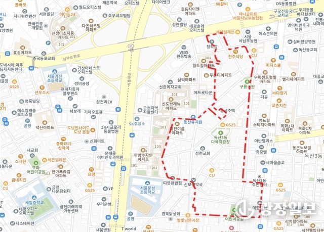 2025년 제6차 주택재개발 후보지 선정구역 - 금천구 독산동 979 일대 위치도(대상지 구역계는 선정위원회 조건이행 및 신속통합기획 등 계획수립 과정에서 변경될 수 있음)