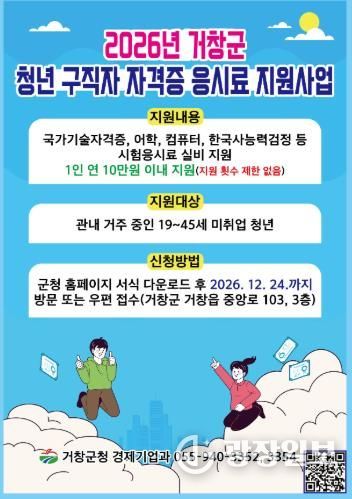 거창군, 미취업 청년 자격증 응시료 최대 10만원 지원
