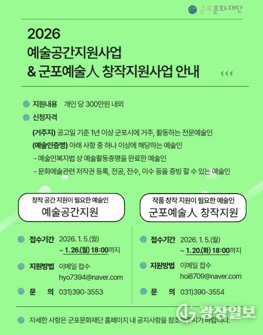 군포문화재단, 예술인 창작환경 강화를 위한 지원사업 공모