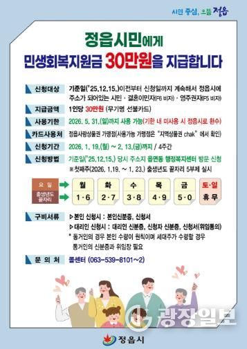 정읍시, 1월 19일부터 시민 1인당 민생회복지원금 30만원 지급