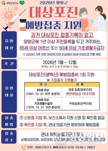 양양군, 대상포진 예방접종 지원 연령 65세로 확대