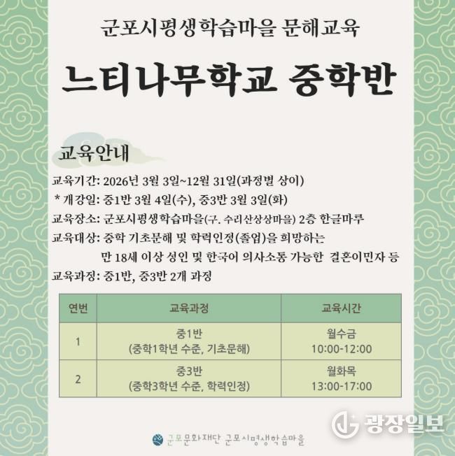 군포문화재단, 2026학년도 문해교육 느티나무학교 개강