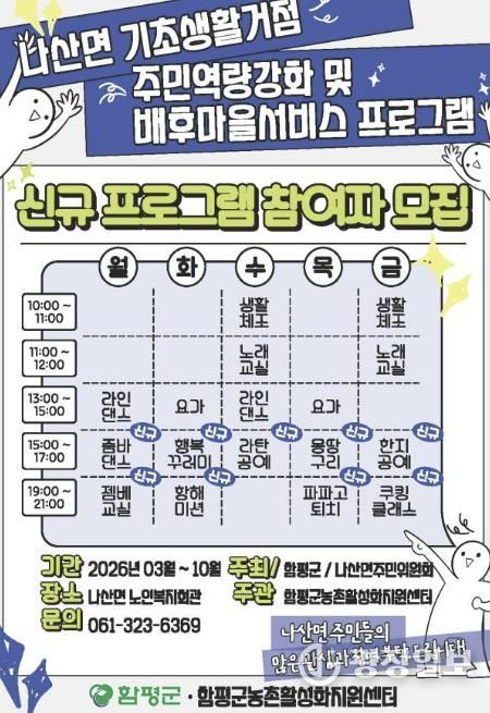 나산면 기초생활거점 주민역량강화 배후마을 서비스 프로그램 참여자 모집 홍보자료