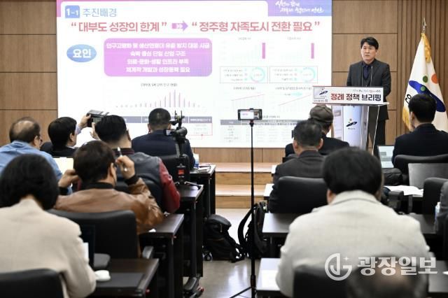 박진우 청년정책관이 17일 오전 안산시청 제1회의실에서 개최된 3월 정책브리핑에서 청년친화도시 안산의 청년정책에 대해 발표하고 있다.