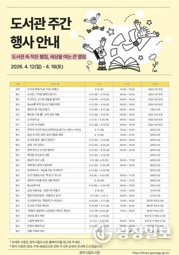 경주시립도서관이 제62회 도서관주간을 맞아 4월 12일부터 18일까지 본관과 분관, 작은도서관 7개관에서 다양한 독서문화행사를 운영한다