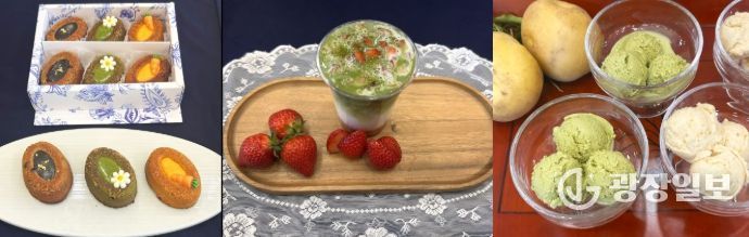 보성군, ‘제49회 보성다향대축제’ 먹거리 시식회 개최_축제장 먹거리 부스 디저트(녹차로만든 빵, 말차딸기라떼, 녹차젤라또)